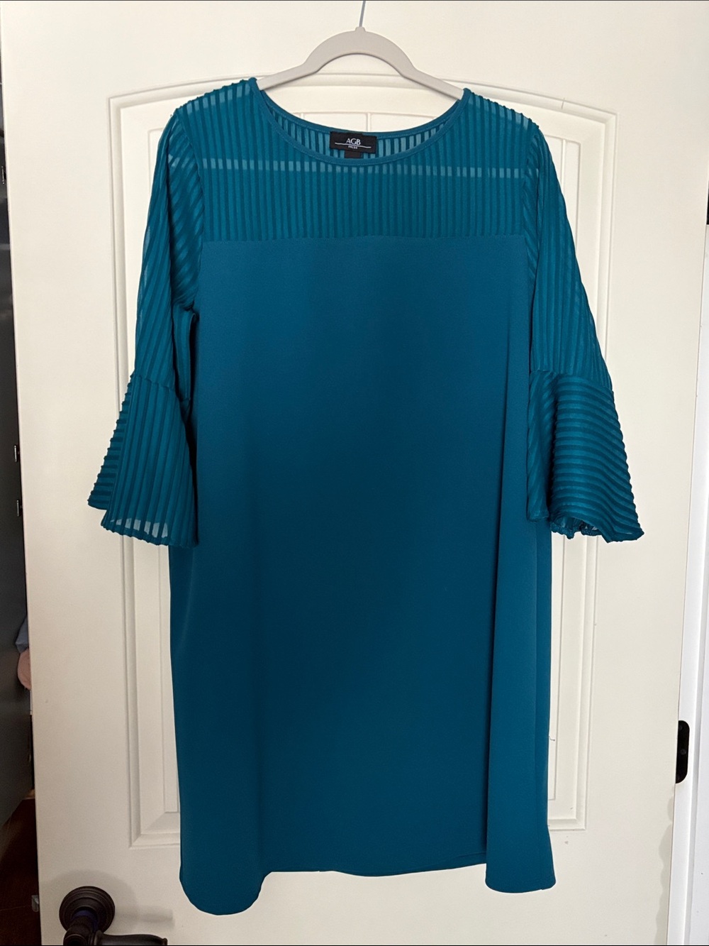 AGB Dress Teal Pleated-Sleeve Midi Flare Swing  Dress